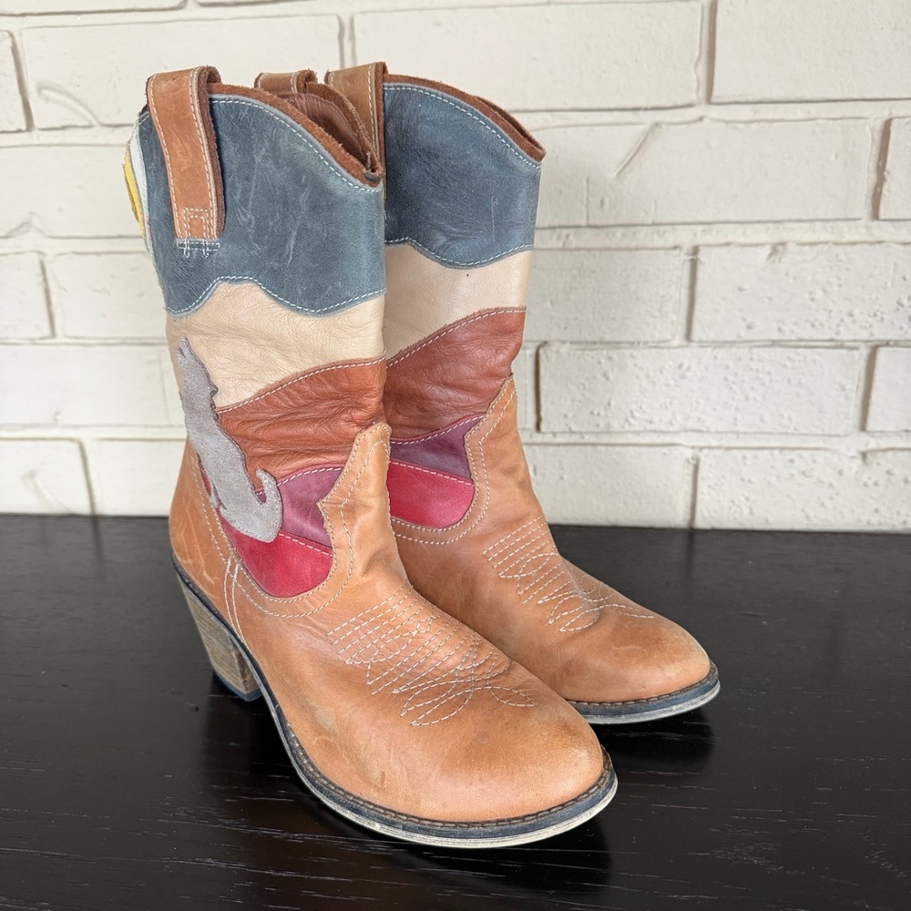 Aldo Women's Multi Color Sewn Leather Western Boots Suede Coyote Boho Cowgirl 7 - Picture 2 of 8